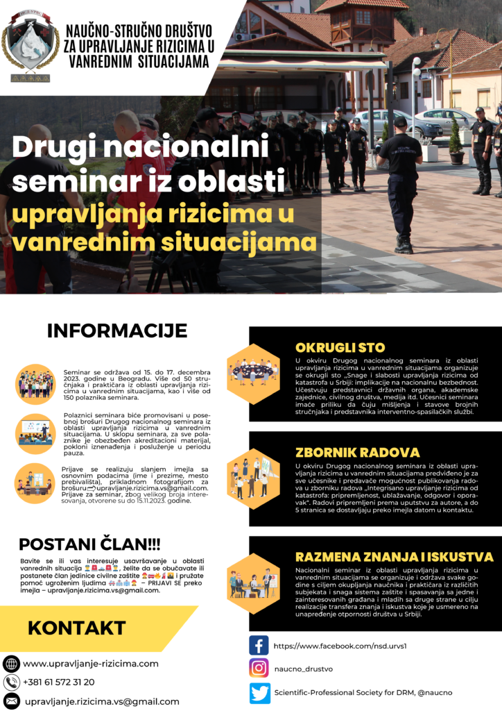 POSTER DRUGOG NACIONALNOG SEMINARA IZ OBLASTI UPRAVLJANJA RIZICIMA U VANREDNIM SITUACIJAMA, DECEMBAR 2023. GODINE