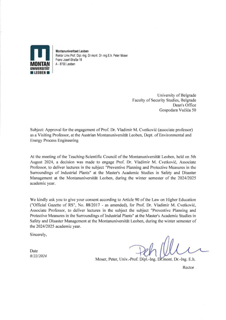 Prof. Dr. Vladimir M. Cvetković, Visiting Professor at Montanuniversität Leoben in Austria, Department of Environmental and Energy Process Engineering, for the Master's program in Safety and Disaster Management (Interdisciplinary study).