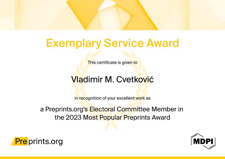 Exemplary Service Award (Prof. dr Vladimir M. Cvetković) from Preprints.org