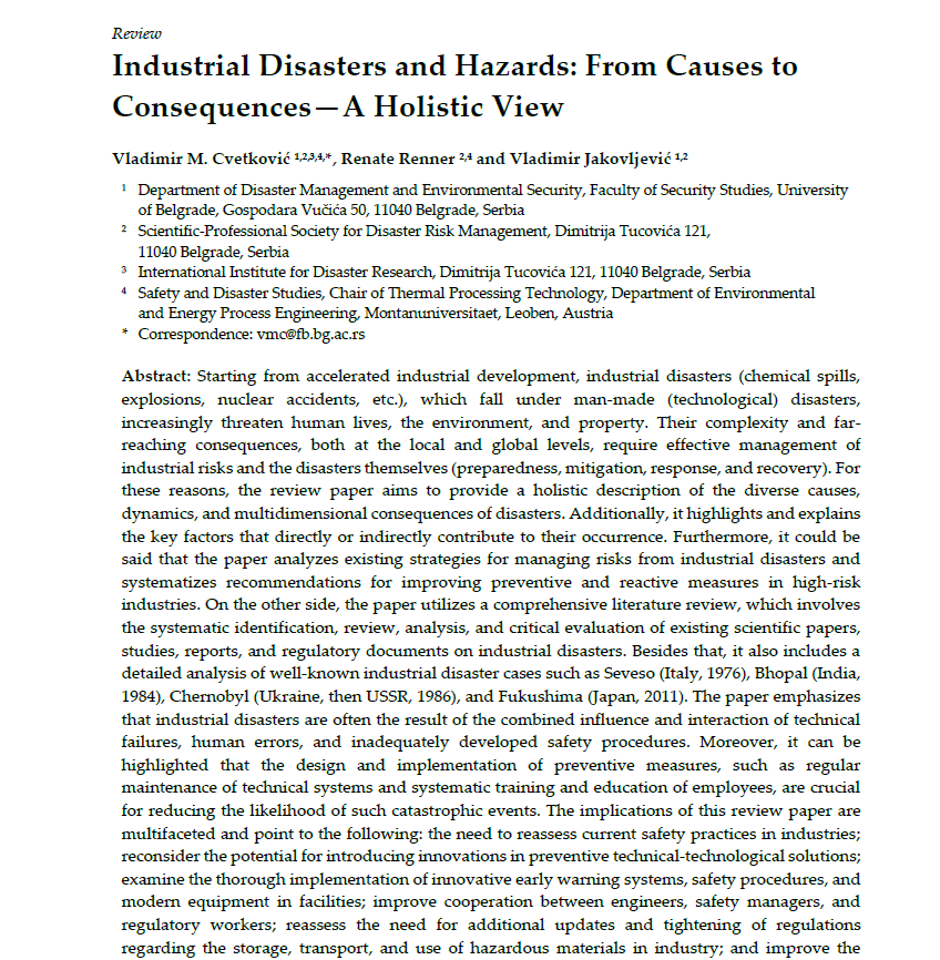 Cvetković, V. M.; Renner, R.; Jakovljević, V. Industrial Disasters and Hazards: From Causes to Consequences—A Holistic View. Preprints 2024, 2024102313. https://doi.org/10.20944/preprints202410.2313.v1
