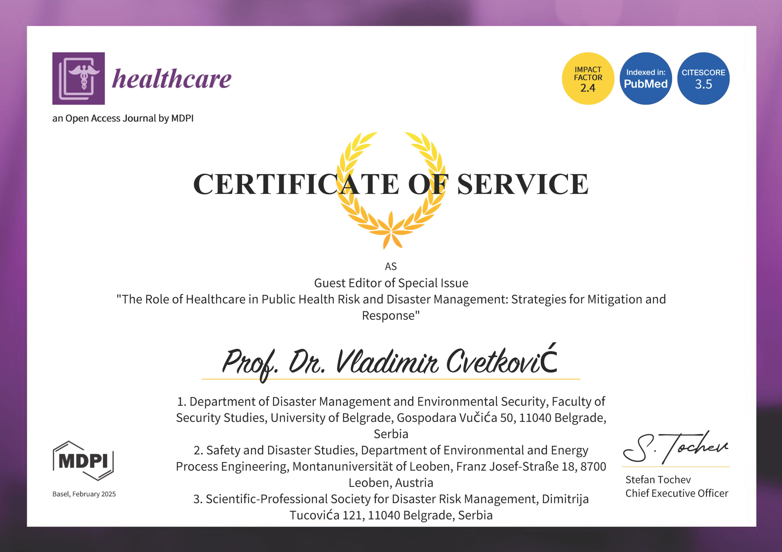 Call for Papers – Special Issue of Healthcare The Role of Healthcare in Public Health Risk and Disaster Management: Strategies for Mitigation and Response Dear Colleagues, As the Guest Editor (Prof. Dr. Vladimir M. Cvetković) of this Special Issue (https://www.mdpi.com/.../health.../special_issues/KYB7N8C8EL), I am pleased to invite you to contribute to Healthcare, an international, scientific, peer-reviewed, open-access journal covering healthcare systems, industry, technology, policy, and regulation. Healthcare is published semimonthly online by MDPI and is indexed in leading databases such as Scopus, SCIE, SSCI (Web of Science), PubMed, and PMC.