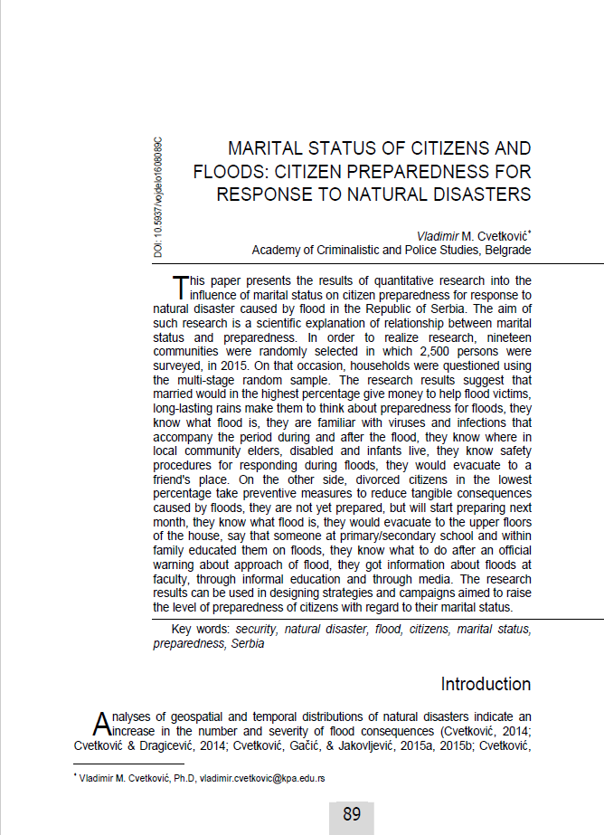 Marital status of citizens and floods: Citizen preparedness for response to natural disasters