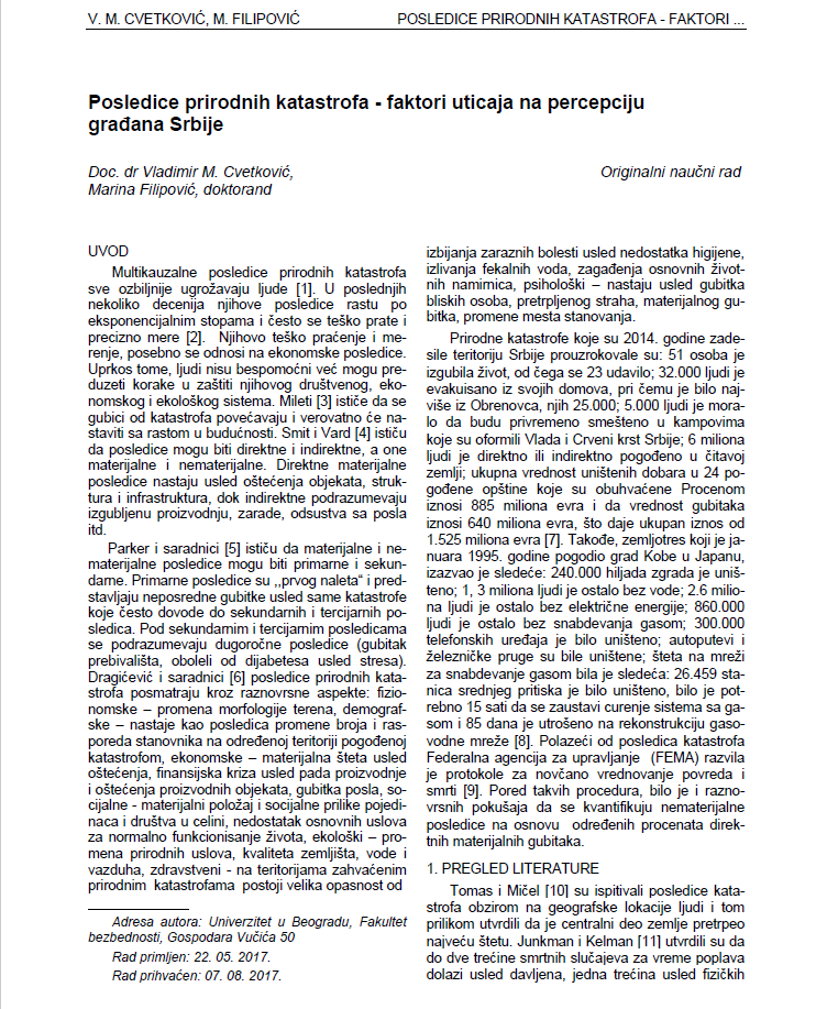 Cvetković, V., & Filipović, M. (2017). Posledice prirodnih katastrofa: faktori uticaja na percepciju građana Srbije [Consequences of Natural Disasters: Factors Affecting the Perception of Serbian Citizens]. Ecologica, 24(87), 572–578.