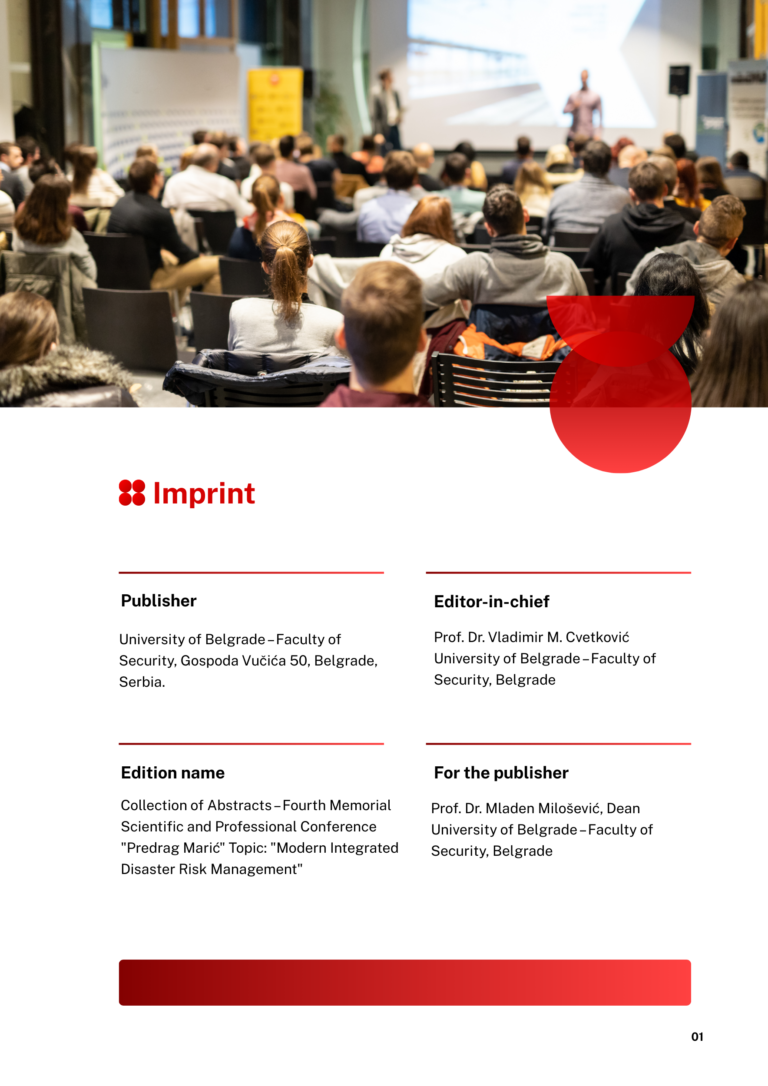At the same time, the collection can contribute to networking institutions and individuals, the identification of priority topics for intersectoral cooperation, and the transfer of good practices from local, national, and international frameworks.
This publication will likely stimulate critical reflection on the challenges faced by communities and protection and rescue systems, and encourage the implementation of innovative, evidence-based solutions that respect the principles of prevention, responsibility, and sustainability. May this conference and its outcomes be a continuation of the idea that the best solutions are built together — at the intersection of knowledge, experience, and responsibility, in partnership between science and practice, and in the service of a safer, more resilient, and more united society.

With respect

Editor
Prof. Dr. Vladimir M. Cvetković, University of Belgrade, Faculty of Security, Belgrade, Serbia.
vmc@fb.bg.ac.rs; vladimir.cvetkovic@vmcdrm.com.
www.vmcdrm.com/