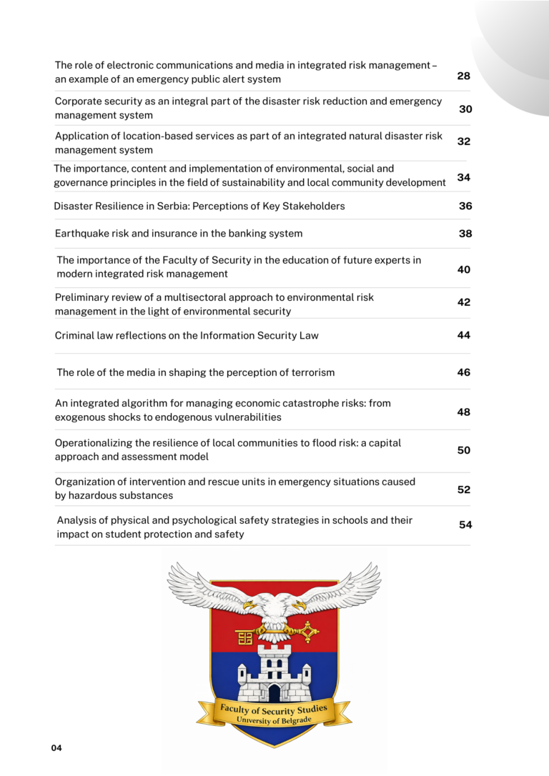 At the same time, the collection can contribute to networking institutions and individuals, the identification of priority topics for intersectoral cooperation, and the transfer of good practices from local, national, and international frameworks.
This publication will likely stimulate critical reflection on the challenges faced by communities and protection and rescue systems, and encourage the implementation of innovative, evidence-based solutions that respect the principles of prevention, responsibility, and sustainability. May this conference and its outcomes be a continuation of the idea that the best solutions are built together — at the intersection of knowledge, experience, and responsibility, in partnership between science and practice, and in the service of a safer, more resilient, and more united society.

With respect

Editor
Prof. Dr. Vladimir M. Cvetković, University of Belgrade, Faculty of Security, Belgrade, Serbia.
vmc@fb.bg.ac.rs; vladimir.cvetkovic@vmcdrm.com.
www.vmcdrm.com/