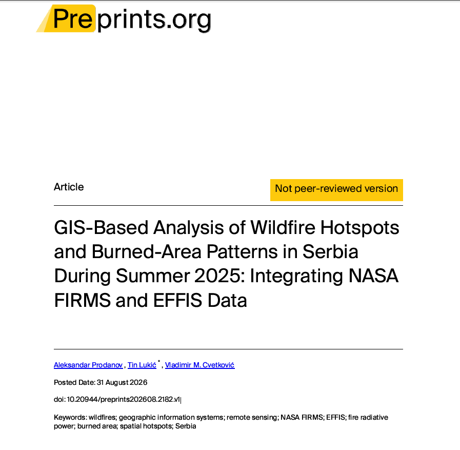 Screenshot 2026 08 31 080855 GIS-Based Analysis of Wildfire Hotspots and Burned-Area Patterns in Serbia During Summer 2025: Integrating NASA FIRMS and EFFIS Data